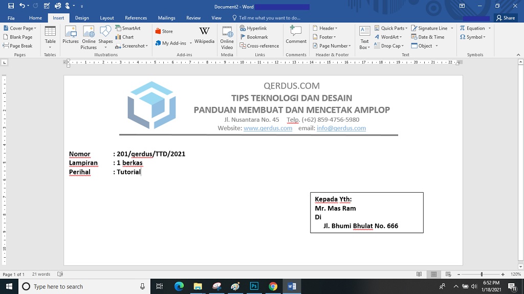 panduan membuat dan mencetak amplop surat di ms word