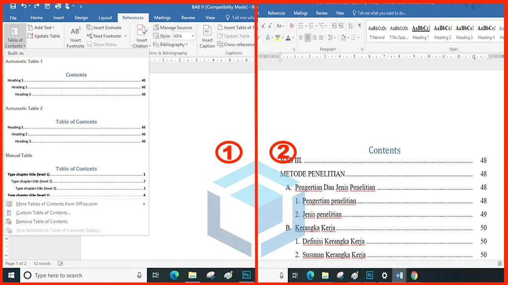 menu references - membuat daftar isi otomatis