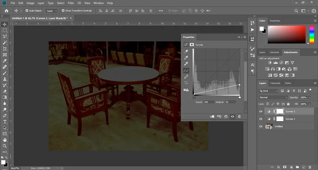 menambahkan adjustment layer curve untuk mendapatkan efek gelap