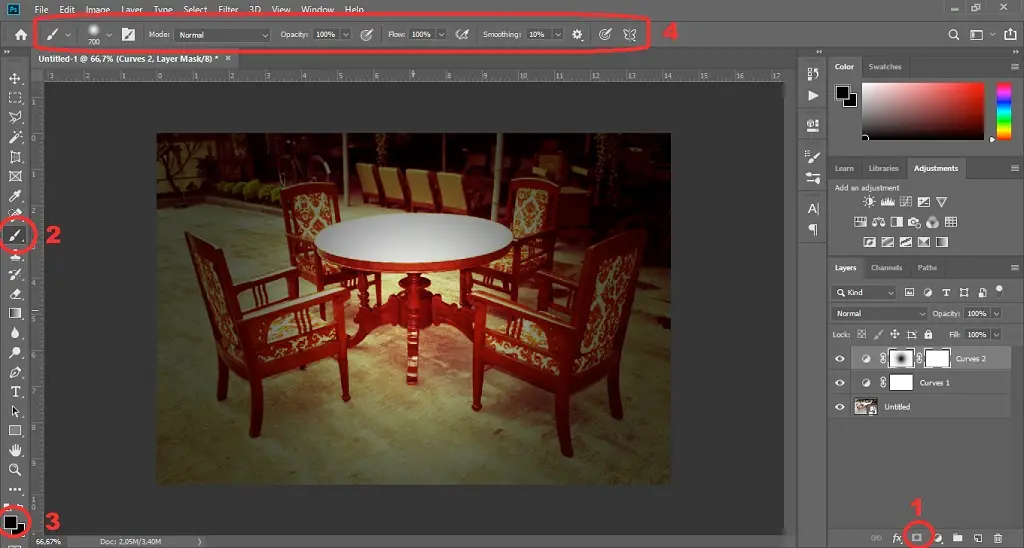 menambahkan layer mask dan brush tool untuk menyesuaikan efek