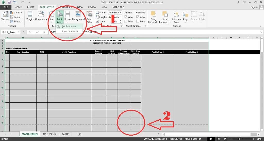 mengeset print area excel untuk diubah dalam format pdf