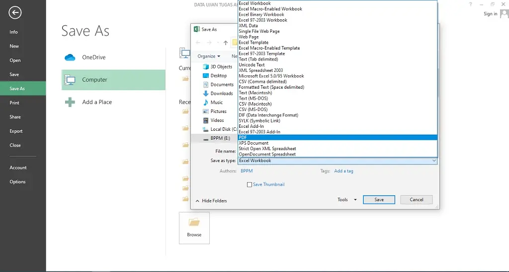 mengubah format file excel ke pdf dengan save as pada ms office exel