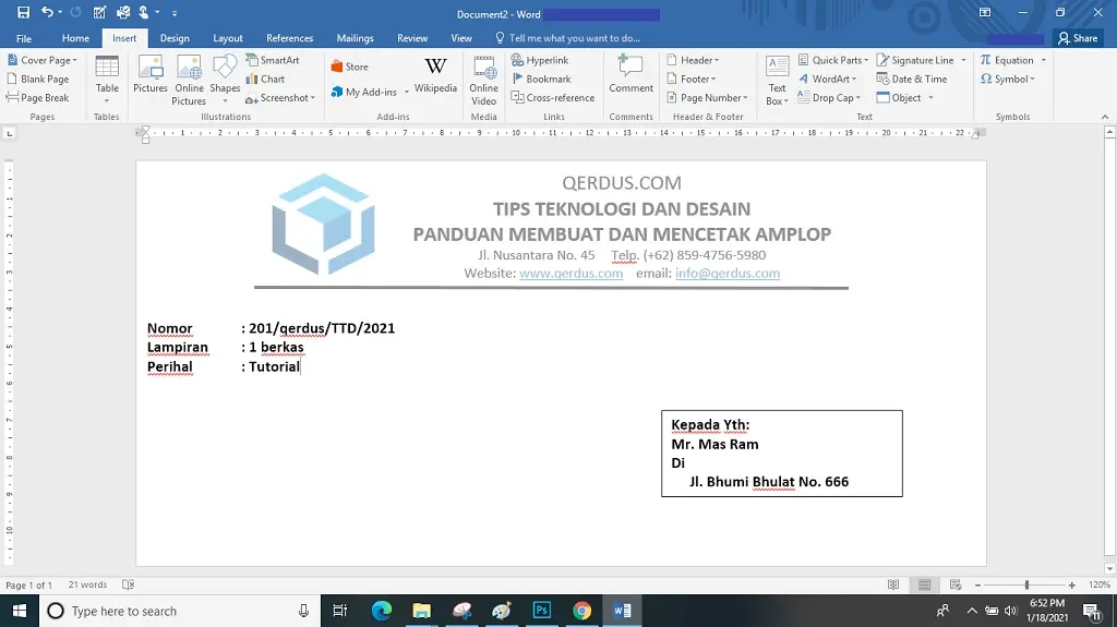 Membuat dan mencetak amplop surat 90PPS di MS Word dengan mudah