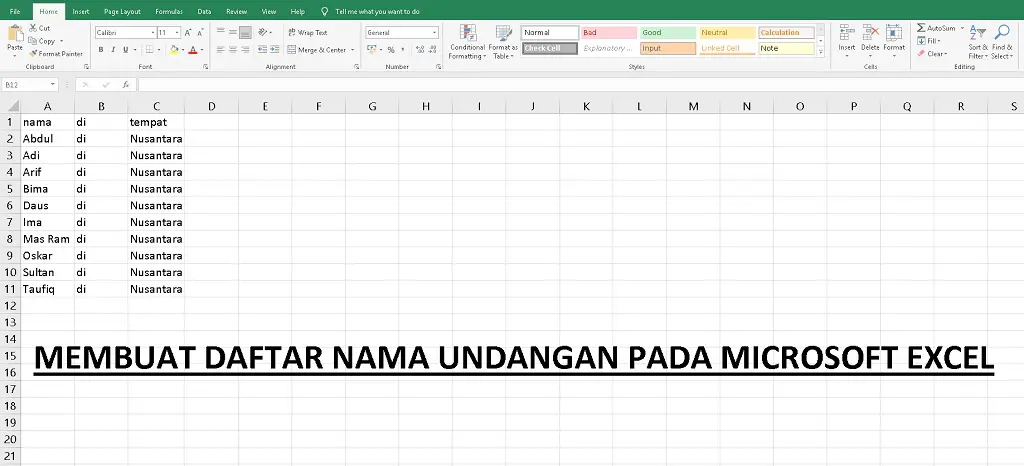 membuat daftar nama undangan pada microsoft excel