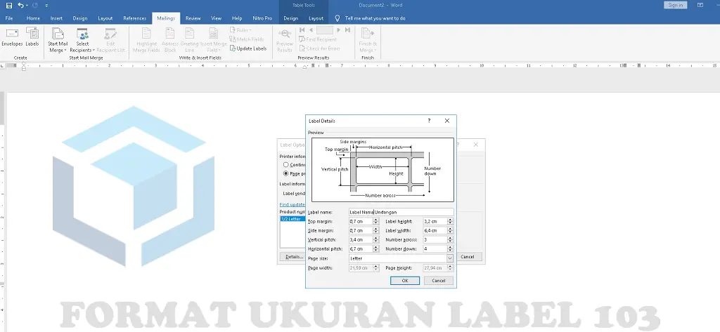 Format ukuran label untuk membuat label nama undangan