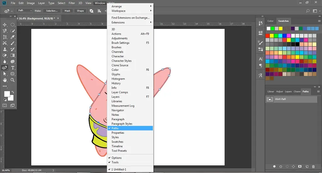 memanggil menu path untuk menjiplak gambar di photoshop