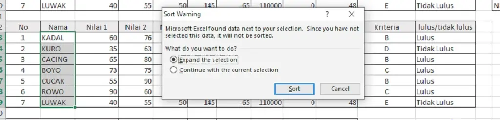 expand the selection di excel