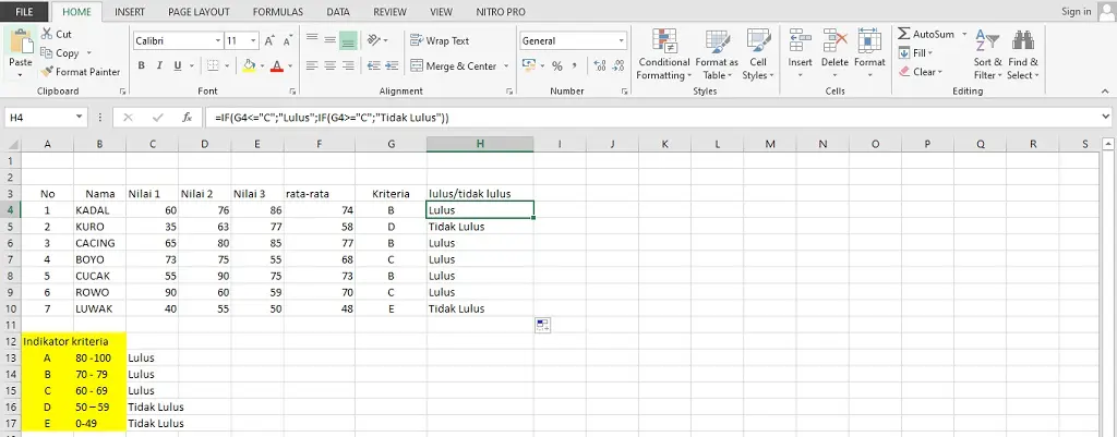 membuat kriteria lulus tidak lulus